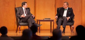 R. Albert Mohler Jr. (right), president of Southern Baptist Theological Seminary, and Mississippi pastor Eric Hankins discuss their divergent views of Calvinism.  Photo by Emil Handke.