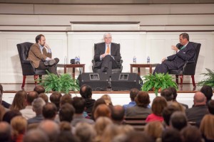 R. Albert Mohler Jr., (right) president of The Southern Baptist Theological Seminary, discusses religion in public life with The New York Times columnist Ross Douthat (left) and radio talk show host Dennis Prager during a Jan. 28 event in Southern Seminary's Alumni Memorial Chapel.
