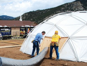 Southern Baptist Disaster Relief Rebuild volunteers prepare a temporary air conditioning duct for a dome tent used to house volunteers working with flood survivors in Colorado. The camp, along with rebuild coordination, is being hosted at Estes Park Baptist Church. Photo courtesy of Ed Greene.