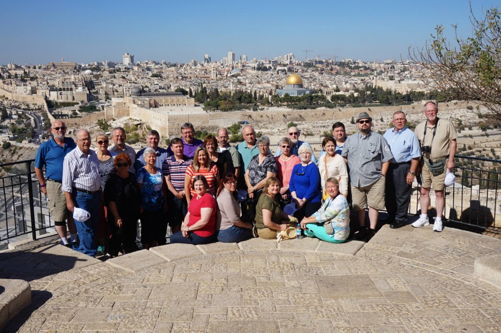 Tour participants on the Mount of Olives overlooking the old city of Jerusalem.