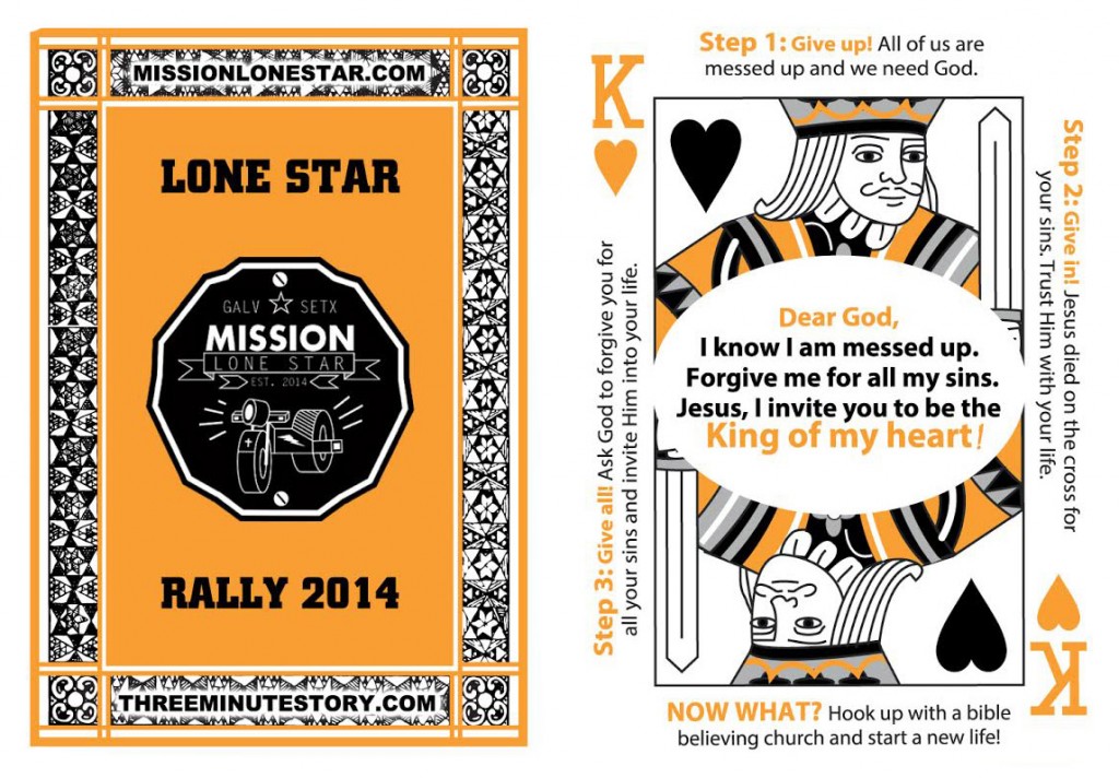 Two types of souvenirs bikers like are to be passed out at the Lone Star Rally Nov. 6-9. Orange and black -- Harley Davidson colors -- playing cards and poker chips remind recipients of what they heard from a Southern Baptist volunteer.