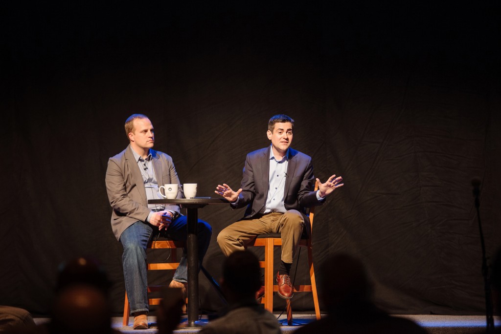 ERLC President Russell Moore responds during the Question & Ethics segment that was part of the Student Leadership Conference March 26-27 in Nashville. Phillip Bethancourt (left), the ERLC's executive vice president, listens in his role as moderator. Photo by Alli Rader