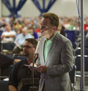 Ronnie Floyd, senior pastor of Cross Church in Springdale, Arkansas, spoke to his earlier motion regarding mental health during the afternoon session on the first day of the 2013 Southern Baptist Convention annual meeting in Houston. File photo by Matt Miller